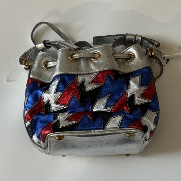 SAINT LAURENT BUCKET BAG PURSE New YSL Yves SILVER RED BLUE LEATHER CROSSBODY - Picture 9 of 11